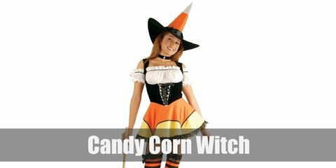 Candy Corn Witch costume consists of a white off-shoulder top paired with a corset. Wear a layered or playered black and orange skit, too. Complete the costume with striped socks and a candy corn-inspired witch's hat.
