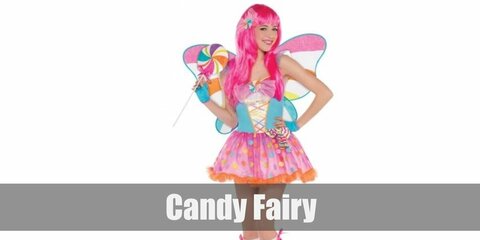 Candy Fairy's costume can easily be recreated with a colorful corset and skirt. Then pair it with a rainbow striped pair of socks as well as pink shoes! Add a pink wig and fairy wings to the outfit