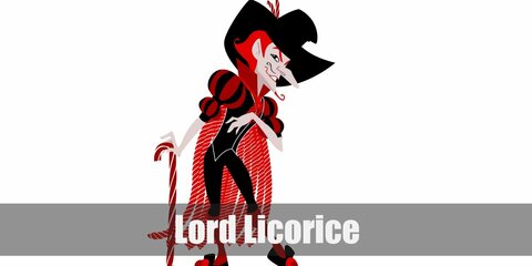 Lord Licorice's outfit features a predominantly red and black color. You can dress like with a red top and black vest and tights. 