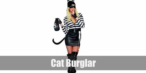 The Cat Burglar's costume features a striped shirt worn with a leather skirt and pair of boots. Complete the look with a cat ear and tail set and burglar's mask!