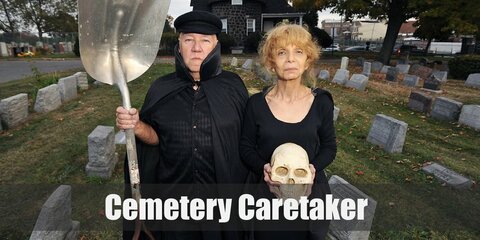 A cemetery caretaker costume is a white long-sleeved shirt, a black overall jumpsuit, a black ivy cap, and black boots. For female, she should wears a simple black dress and high heels.