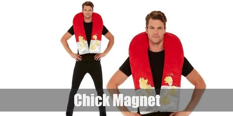 A chick magnet costume can be DIY-ed with a u-shaped pillow covered with red cloth and metallic foil. Stick small chicks at the metallic part, too. 