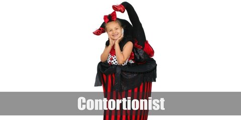 For a DIY contortionist costume, cut a rounded piece of board and wear it around the waist covered with cloth drapes to act as table. Then stuff a pantyhose with filler and position the legs on top of the table as an illusion of a folded body. 