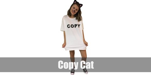 The Copy Cat costume features a shirt or dress with CTRL C on print styled with cat ears as headband, a tail, and paws.