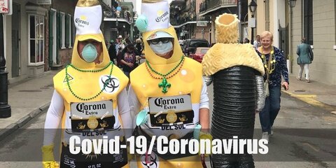 Covid-19/Coronavirus costume is a virus mask and set of clothes with word corona