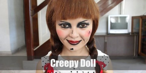 The Creepy Doll Costume includes a wig in pony tails, oversized ribbon, and heavy make-up. Wear a mini dress with a baby collar. Style this dress with long socks and heels. Add in a pair of red gloves, too!