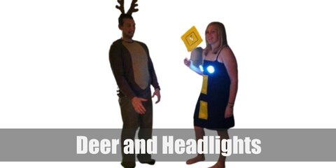 The headlights and traffic sign costume cen be recreated with a black dress, yellow tape, and tap lights. The deer can also get a full set costume, or a white-and-brown ensemble styled with antlers. 