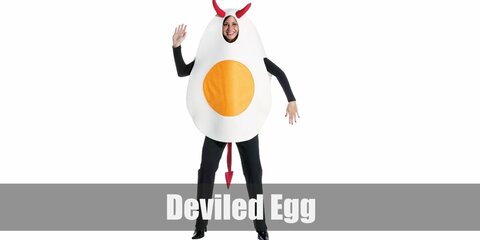  Deviled Egg’s costume is a black shirt, black pants, a DIY sunny-side up egg prop, and a devil horn headband.