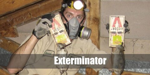 The Exterminator's costume features a khaki overall, gas mask, a sprayer, and animal props.