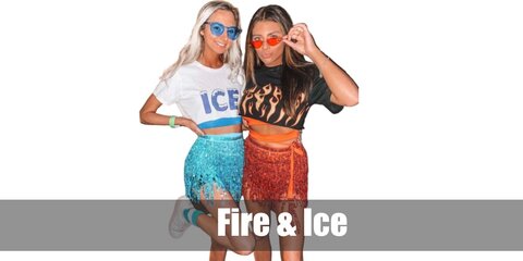  Fire and Ice’s costumes are a fire-printed crop top, fire-printed black leggings, black high heels, orange flame eyewear, and a devil fire wig for Fire, and an ice-printed T-shirt, light blue and white printed leggings, white high heels, blue heart eyewear, and a blue and white wig for Ice.