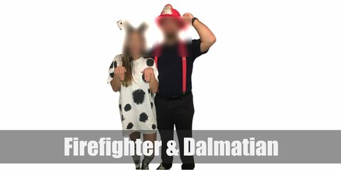 The classic firefighter costume can be recreated with a red jacket and matching pants. Add black and yellow tape details for the accents on the costume. Dalmatian costume is black and white top, pants, shoes, and a Dalmatian ears and tail set.