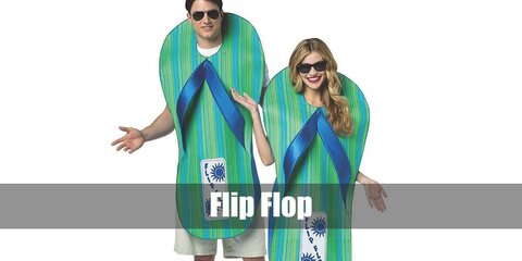  Flip Flop’s costume is  a short-sleeved white T-shirt, casual summer beach shorts, flip flop sandals, sunglasses, and a giant flip flop slipper.