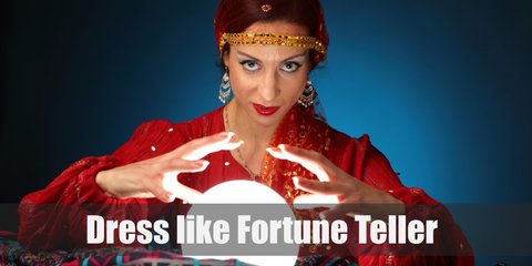 Fortune teller costume is off shoulder blouse, a brown corset belt, a long and colorful maxi skirt, a hip scarf, a head scarf, a necklace and earrings, bracelets, and black leather boots.