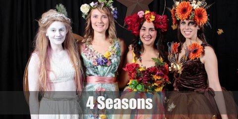 The 4 Seasons costume feature various dresses and outfits representing the winter (white), spring (floral), summer (yellow/bright), and fall (orange). 