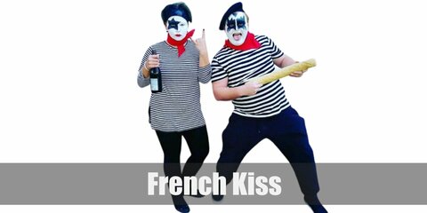  French Kiss’s costume is a black and white-striped top, black pants, black shoes, black beret, black and white face paint, and a red neck scarf.