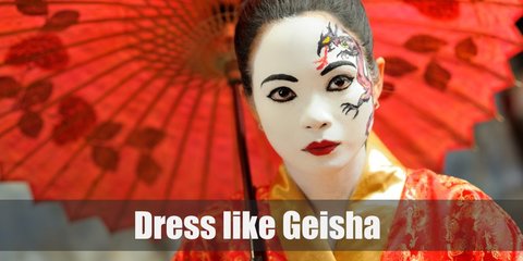 Geisha wears a colorful kimono, a beautiful obi belt, a big tie-back wig, Japanese barrettes, white socks, and getas (Japanese sandals).