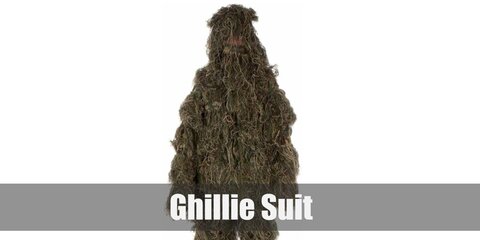 A Ghillie suit can be DIY-ed with a disposable raincoat filled with fake moss and twigs all over.