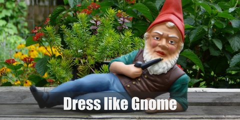 Gnome costume involves solid-colored long sleeved shirt, pants, and boots. Wear a beard and elf hat, too!