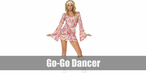 Go-go dancer costume features a printed dress with white boots. Style it with a blonde wig and headband, too. Complete the costume with colored sunglasses.