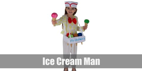 Recreate the ice cream man's look with a white shirt, red bowtie, and a server cap. Carry an ice cream tray, too.
