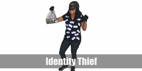  Identity Theft’s costume is a black hoodie, black pants, black sneakers, black gloves, a black mask, a black beanie, and quite a number of name tags.