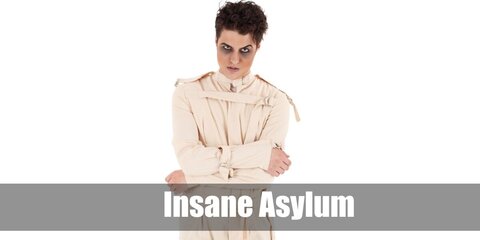 The insane asylum patient’s costume features a straight jacket and has dark eyes. 