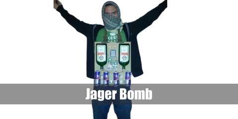  Jager Bomb’s costume is a shirt with a back print, classic relaxed-fit blue jeans, casual brown classic sneakers, and a black tactical outdoor vest with wired Jagermeister bottles and Red Bull cans.