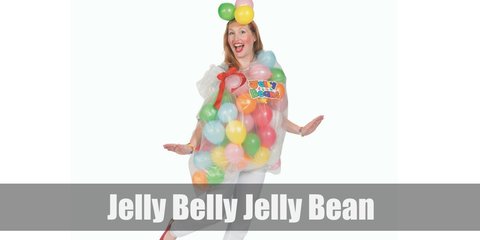 The Jelly Belly Jelly Bean costume features various balloons either taped or wrapped in a plastic trash bag. Wear the trashbag as a top and wrap around the torso.