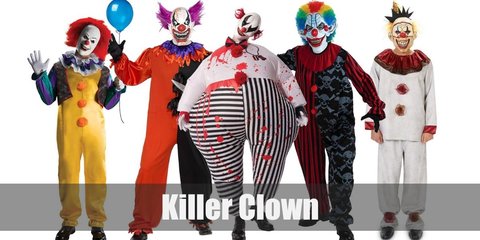Killer Clown costume is a white clown shirt, loose white pants, white boots, white finger-less gloves, and a half-face clown mask. He also carries a white fabric bag and murder weapons.