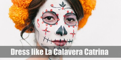 La Catrina costume is a dark Victorian style dress, a black veil, a red rose tiara, a skeleton mask, a set of necklace and earrings, and black lace high heels.