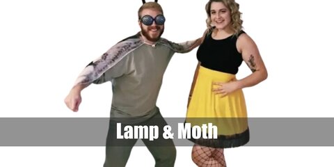  Lamp and Moth’s costume is a white T-shirt, white pants, white sneakers, shiny metallic gloves, and a white bell lampshade for Lamp; and a black and brown short dress, brown sandals, a moth antenna hairband, a lace masquerade eye mask, and moth wings for Moth.