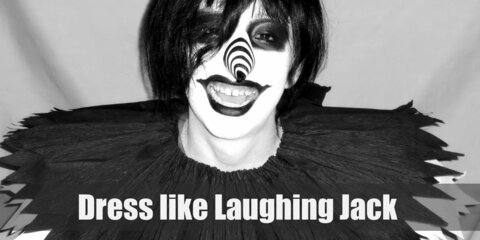  Laughing Jack costume is a made of black and white striped shirt and black pants with creepy face mask. 