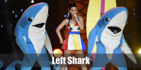 The left shark outfit consists of a shark costume which can include an inflatable set, a foam one, or a onesie for a more comfortable take.