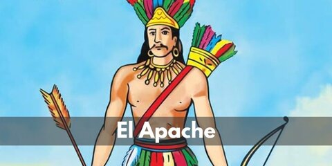 El Apache's look features a colorful native chief's hat with a skirt of feathers. He also carries a quiver with bow and arrow.