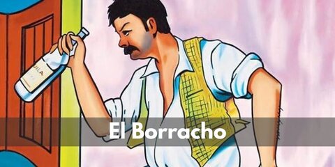 Start El Borracho costume by wearing a fake belly under a white shirt, striped pants, and red belt. He also carries a bottle of tequila.