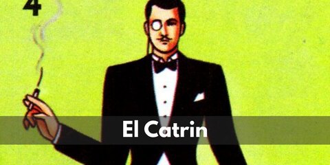 El Catrin's outfit features a black tail coat with a white shirt and a bow tie. He also wears a pair of striped pants, black shoes, and monocles.