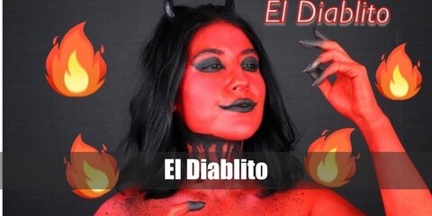 El Diablito costume is a red gym shorts, red flip flops, a fake mustache and goatee beard, pointy ears, and devil horn hair clips for the El Diablito Loteria Card.