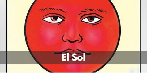  El Sol’s costume is a long-sleeved black T-shirt, black stretch pants, black sneakers, a red face, and a giant Loteria card.