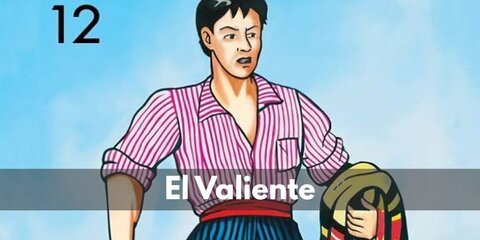 El Valiente wears a striped shirt and a pair of pinstripe pants. He also has a red belt and brown shoes, too. Complete look by carrying a scarf and sickle.
