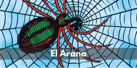  La Arana’s costume is a long spider-witch dress, black pump shoes, a spider masquerade ball mask, and a giant Loteria card with a spider web drawing.