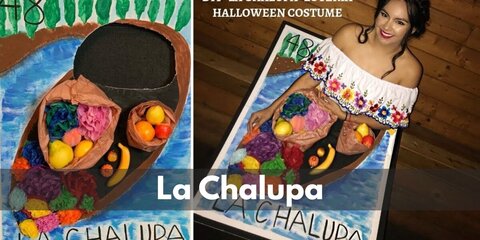  La Chalupa’s costume is a traditional puebla Mexican embroidered blouse, a traditional Mexican fiesta skirt, a lace red mantilla veil, and a giant Loteria card with a flowers and fruits-laden canoe drawing.