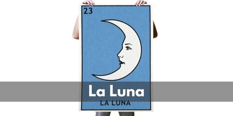  La Luna’s costume is a long-sleeved black T-shirt, black stretch pants, comfortable black shoes, a stars headband, large cardboard moon, and a giant Loteria card.