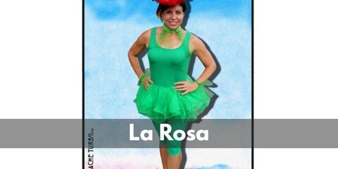  La Rosa’s costume is a red flower ruffle blouse, green pants, low heel brown shoes, and a giant Loteria card.