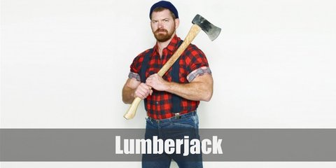 The lumberjack costume includes a red and black plaid shirt with suspenders paired with dark pants. He may also wear boots and a beanie while carrying an axe.