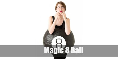  Magic 8 Ball’s costume is an eight-ball T-shirt, black pants, black sneakers, and white messages on blue triangle patches.