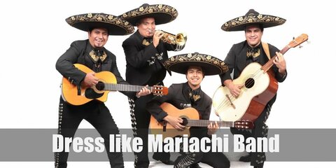 Mariachi band member costume is a white shirt, chaquetilla (short jacket), pantalón de charro (fitted trousers adorned with botonadura and/or greca), embroidered belt, ankle-high boots, a big bow tie and a wide-brimmed hat.