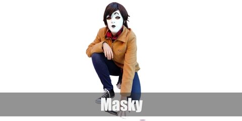 Masky's costume features a white mask, brown-orange jacket, and pants.