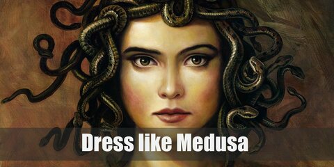 Medusa costume a black Greek-style gown and golden sandals. For accessories, she wears a golden arm cuff, golden earrings, and golden necklace.