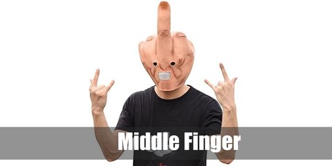  Middle Finger’s costume is a middle finger black skeleton shirt, ripped and distressed black denim jeans, a pair of black sneakers, and a middle finger party mask.