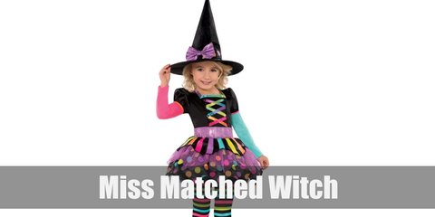 Miss matched witch costume involves the typical witch garb like a witch hat, bodice top, and skirt. For this costume, it is decorated with colorful accents such as ribbon details all over and rainbow colored tights.
